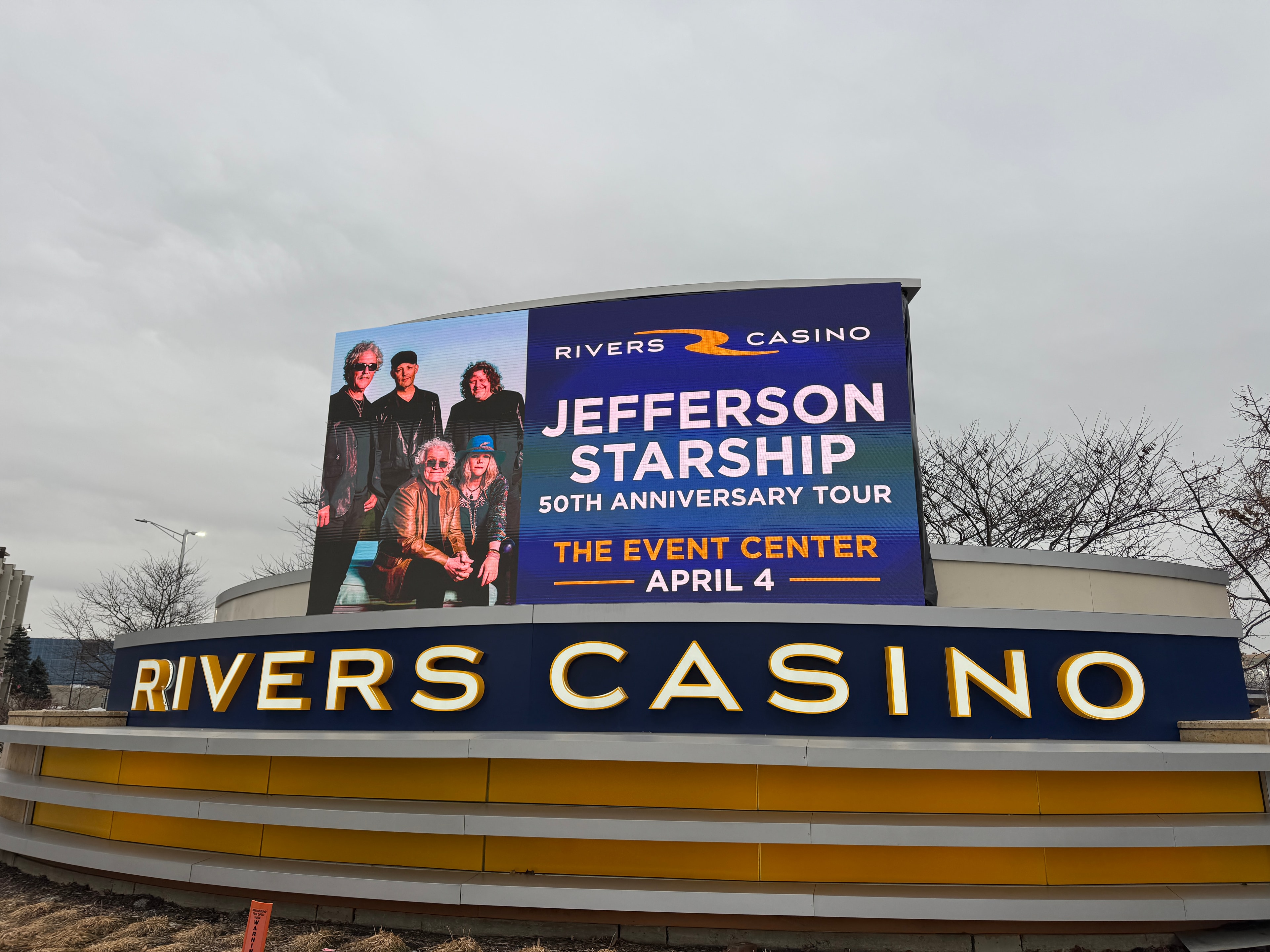 Rivers Casino Des Plaines outdoor marquee LED display showing Jefferson Starship 50th Anniversary Tour event